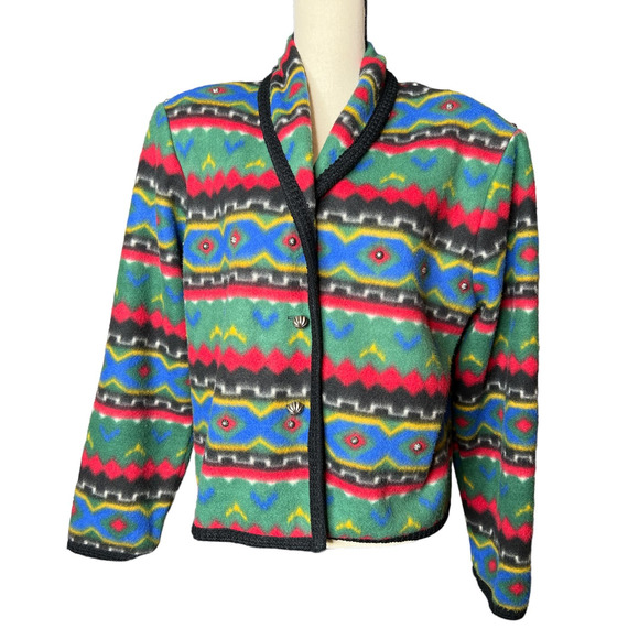 NEW Coldwater Creek Fleece Jacket Size L in Aztec Southwestern Print Green Blue - Picture 1 of 8